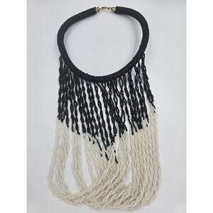 Vintage Tribal Style Seed Bead Waterfall Fringe‎ Statement Necklace Black White